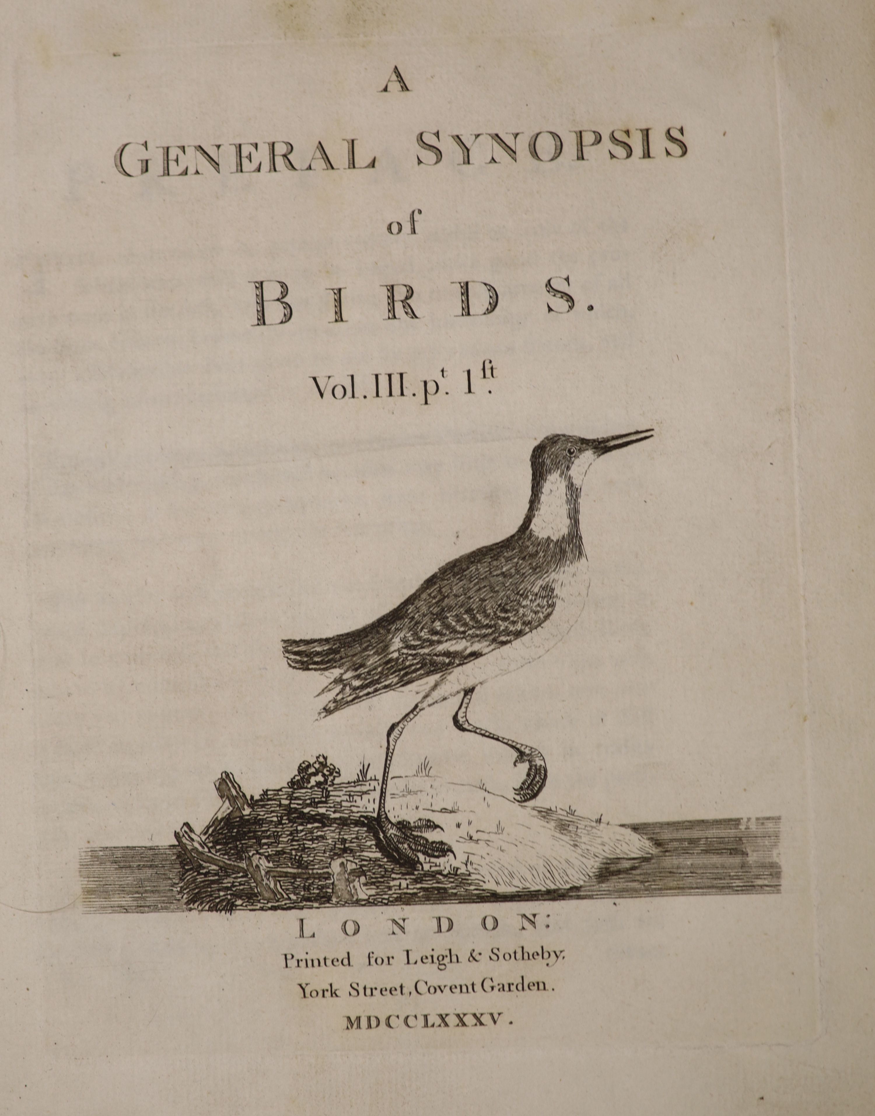 Latham, John - A General Synopsis of Birds, qto, calf, Vol. 3, pt. 1, 1785, and - Supplement to the General Synopsis of Birds, each with uncoloured engraved plates, titling and vol number labels lacking or loose, Leigh a